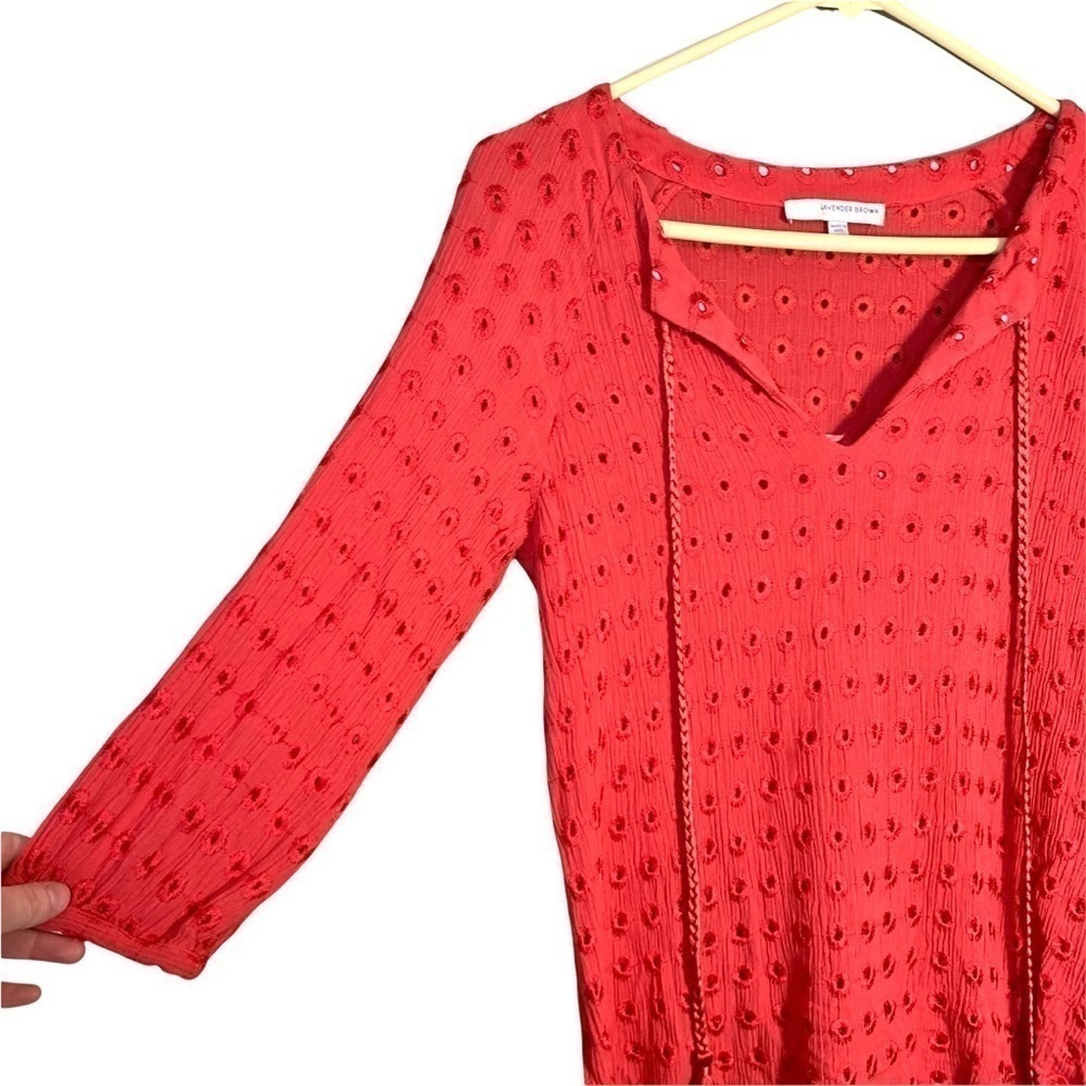 Lavender Brown Red Cedric Eyelet Stitch Fix Tassel 3/4 Sleeve Blouse Top Sz S - Picture 9 of 17